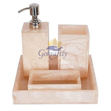 Gokraftly Resin Bathroom Set|Rust Proof Marble Look 4Pcs Bathroom Accessories Set|Soap Dispenser|Brush Holder|Towel Tray|Soap Dish Holder|Pack Of 4 Bathroom Accessories Set - Ivory, White