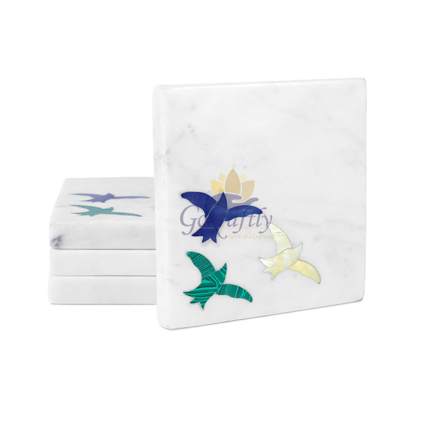 Gokraftly White Marble with Birds Design Tea, Coffee, Cocktail Coaster Set of 4 Vintage Handmade Coaster Set Round Shape Marble Coaster