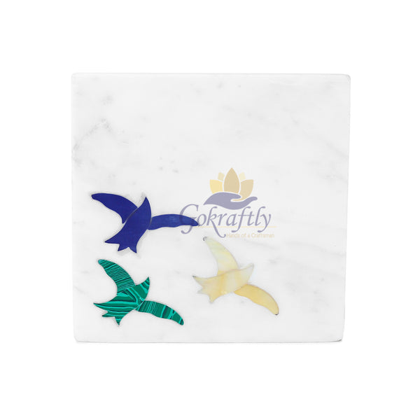Gokraftly White Marble with Birds Design Tea, Coffee, Cocktail Coaster Set of 4 Vintage Handmade Coaster Set Round Shape Marble Coaster