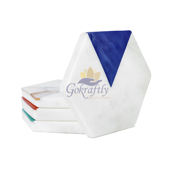 Gokraftly White Marble and Multicolor Triangle Mix Design Tea, Coffee, Cocktail Coaster Set of 4 Vintage Handmade Coaster Set Round Shape Marble Coaster