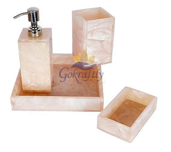 Gokraftly Resin Bathroom Set|Rust Proof Marble Look 4Pcs Bathroom Accessories Set|Soap Dispenser|Brush Holder|Towel Tray|Soap Dish Holder|Pack Of 4 Bathroom Accessories Set - Ivory, White