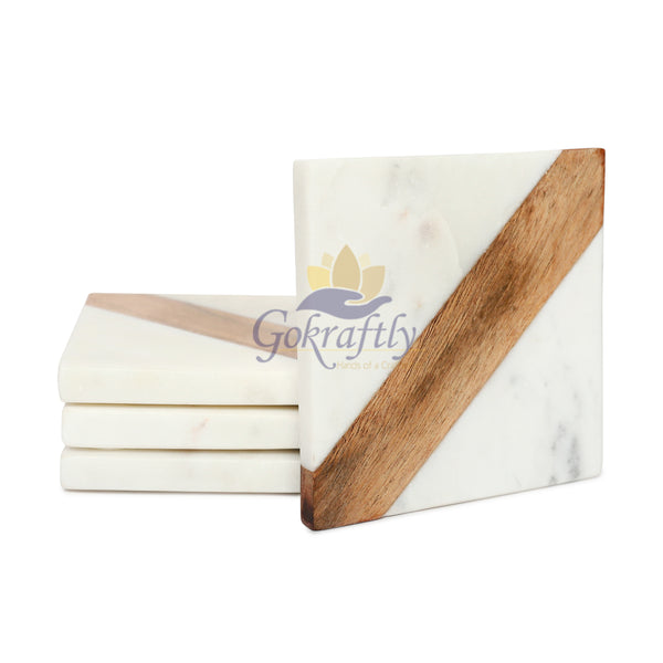 Gokraftly White Marble and Wooden Coasters Set of 4 for Drink Coaster / Tea Coasters