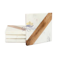 Gokraftly White Marble and Wooden Coasters Set of 4 for Drink Coaster / Tea Coasters