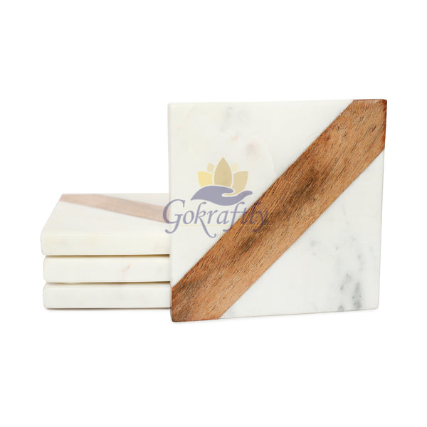 Gokraftly White Marble and Wooden Coasters Set of 4 for Drink Coaster / Tea Coasters