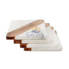 Gokraftly White Marble and Wooden Coasters Set of 4 for Drink Coaster / Tea Coasters