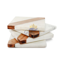 Gokraftly White Marble and Wooden Coasters Set of 4 for Drink Coaster / Tea Coasters