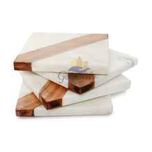 Gokraftly White Marble and Wooden Coasters Set of 4 for Drink Coaster / Tea Coasters