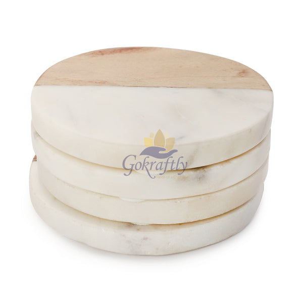 Gokraftly Round Marble & Wooden Coasters, Set of 4 – Marble & Wood