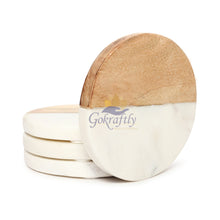 Gokraftly Round Marble & Wooden Coasters, Set of 4 – Marble & Wood