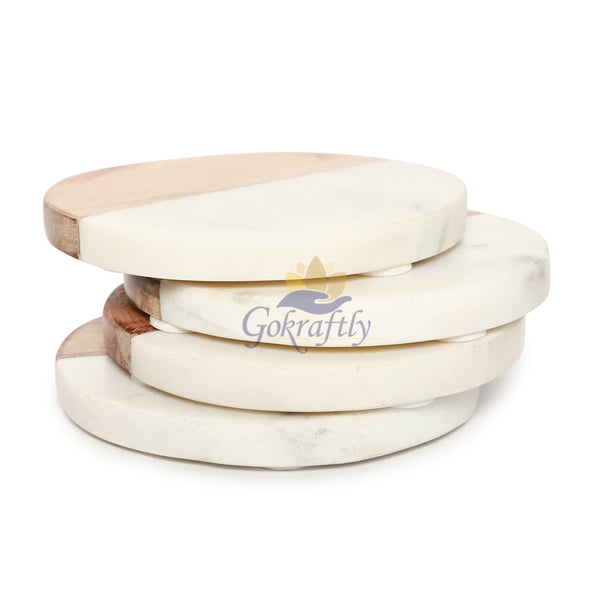 Gokraftly Round Marble & Wooden Coasters, Set of 4 – Marble & Wood