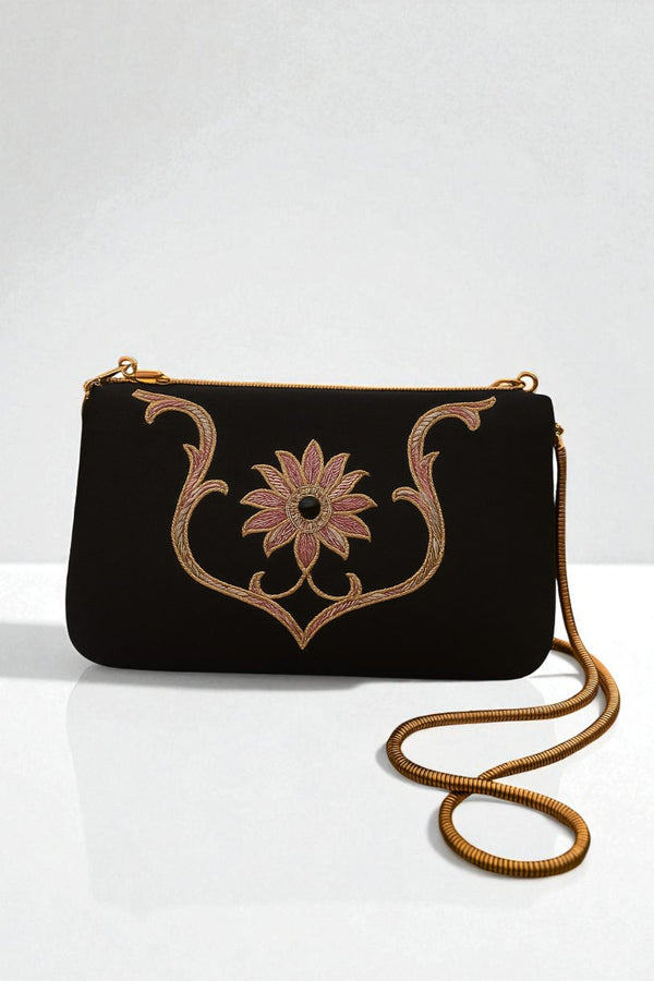 Touhfey Black Zardozi Pink Flower Embellished Luxury Bag - Best Diwali Bag - Gokraftly