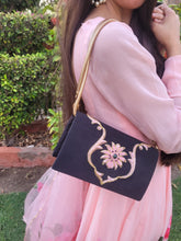 Touhfey Black Zardozi Pink Flower Embellished Luxury Bag - Best Diwali Bag - Gokraftly