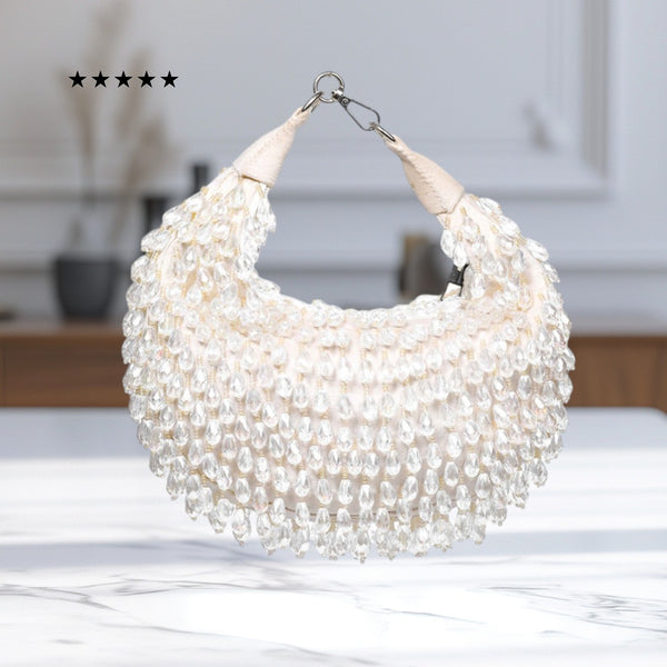 Touhfey White Embellished Crystal Moon Bag | By Gokraftly | Handmade & Royal